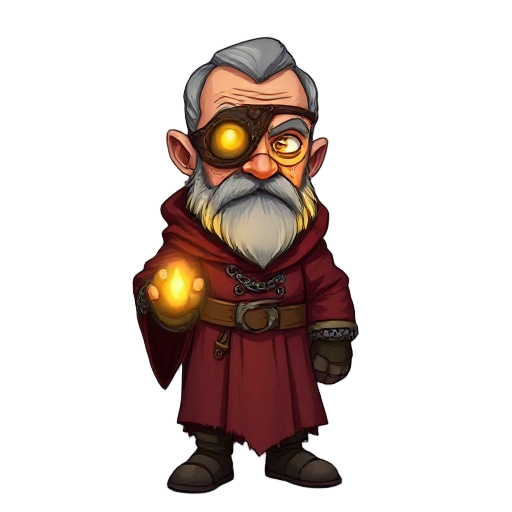 grizzled 60yo priest. triple-riveted leather eyepatch seething with contained gold light. deep facial scars, ash-grey beard. tattered crimson robe over rusted chainmail. gloved hand clenched, glowing 