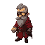 grizzled 60yo priest. triple-riveted leather eyepatch seething with contained gold light. deep facial scars, ash-grey beard. tattered crimson robe over rusted chainmail. gloved hand clenched, glowing 