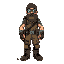 a rugged post-apocalyptic engineer with a thick beard, beanie, and goggles. he wears worn overalls, a tool belt, and knee-padded pants. his heavy boots and calloused hands show years of fixing machine