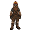 a rugged post-apocalyptic engineer with a thick beard, beanie, and goggles. he wears worn overalls, a tool belt, and knee-padded pants. his heavy boots and calloused hands show years of fixing machine