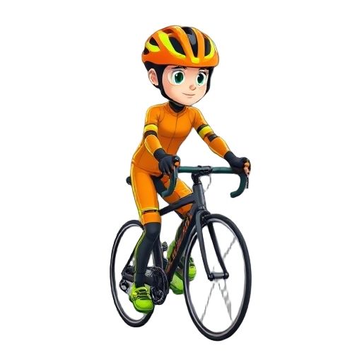 un personnage cartoon vu de profil, en train de faire du vélo. il porte une combinaison orange vif avec des détails vert fluo, un casque intégral assorti, des gants noirs et des chaussures vertes. le 