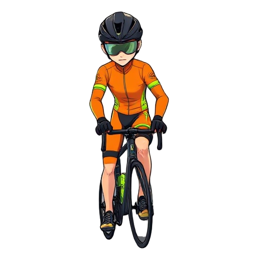 un personnage stylisé de dessin animé, portant une combinaison de course orange vif avec des détails verts fluos, un casque intégral assorti et des gants noirs, est en train de faire du vélo. il est v