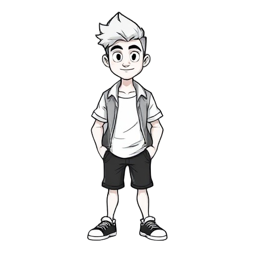 ele deverá ser preto e branco, é um personagem de jogo, quero bem cartoonizado e estilizado. seu cabelo é castanho e tem uma franja, usa uma camisa e uma blusa sem toca. 