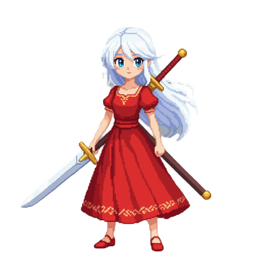  pixel-art  a white-haired slender young girl in a red dress with a flying sword on her back