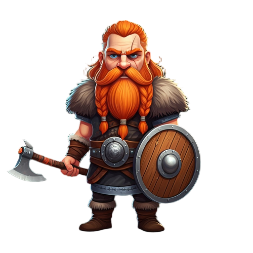 a viking warrior with war axe and shield has long red hair and beard and scar on the eyeb