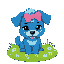 pixel art of a blue dog with blue fur, pink bow on the head, over a green grass with white flowers and green background