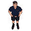 male , dark blue shirt , white name tag , black shorts , dark grey shoes , black ankle socks , dark brown hair , glasses , smile , arms at his side , work gloves in back pocket 