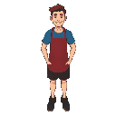 male , retail store employee , blue t-shirt , red apron , skinny , smiling , black shorts , black shoes , light skin , side burns , 
