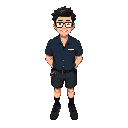 male , dark blue shirt , white name tag , black shorts , dark grey shoes , black ankle socks , dark brown hair , glasses , smile , arms at his side , work gloves in back pocket 