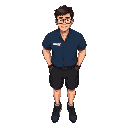 male , dark blue shirt , white name tag , black shorts knee length , dark grey shoes  , dark brown hair , glasses , smile , arms at his side , work gloves in back pocket 