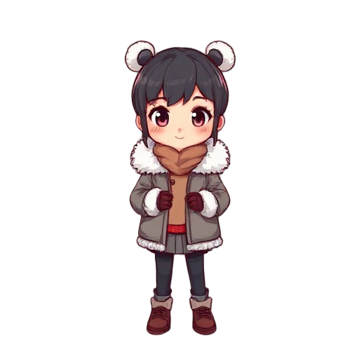 chibi style asian girl with fur coat