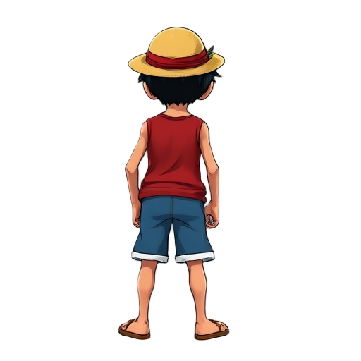 a 2d cartoon-style digital illustration of monkey d. luffy from one piece, standing in an idle position. he is viewed from behind, wearing his signature red vest, blue shorts, straw hat on his back, a