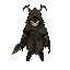 mysterious humanoid-beetle knight with a tattered cloak resembling armor, wielding a beetle horn as a weapon. minimal features, apathetic expression, with a cloak.