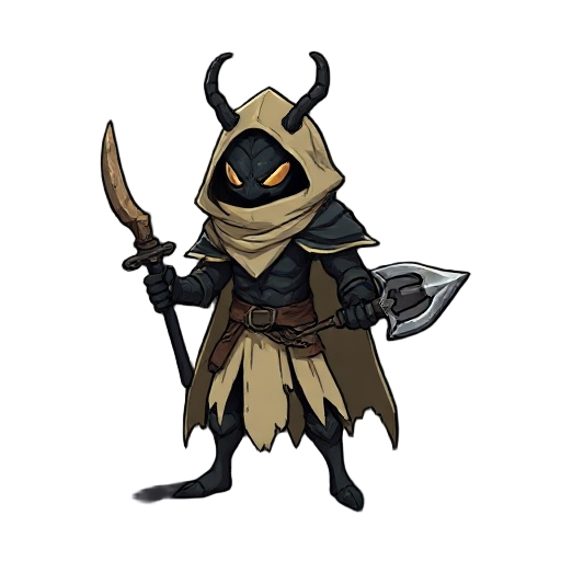 mysterious humanoid-beetle knight with a tattered cloak resembling armor, wielding a beetle horn as a weapon. minimal features, apathetic expression, dark body with light pastel cloak tones.