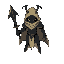 mysterious humanoid-beetle knight with a tattered cloak resembling armor, wielding a beetle horn as a weapon. minimal features, apathetic expression, dark body with light pastel cloak tones.