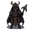 mysterious humanoid-beetle knight with a tattered cloak resembling armor, wielding a beetle horn as a weapon. minimal features, apathetic expression, with a cloak.