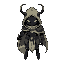 mysterious humanoid-beetle knight with a tattered cloak resembling armor, wielding a beetle horn as a weapon. minimal features, apathetic expression, dark body with light pastel cloak tones.
