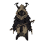 mysterious humanoid-beetle knight with a tattered cloak resembling armor, wielding a beetle horn as a weapon. minimal features, apathetic expression, dark body with light pastel cloak tones.
