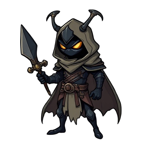 mysterious humanoid-beetle knight with a tattered cloak resembling armor, wielding a beetle horn as a weapon. minimal features, apathetic expression, dark body with light pastel cloak tones.