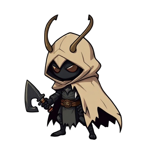 mysterious humanoid-beetle knight with a tattered cloak resembling armor, wielding a beetle horn as a weapon. minimal features, apathetic expression, dark body with light pastel cloak tones.