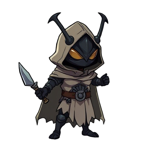 mysterious humanoid-beetle knight with a tattered cloak resembling armor, wielding a beetle horn as a weapon. minimal features, apathetic expression, dark body with light pastel cloak tones.