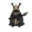 mysterious humanoid-beetle knight with a tattered cloak resembling armor, wielding a beetle horn as a weapon. minimal features, apathetic expression, dark body with light pastel cloak tones.