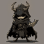 mysterious humanoid-beetle knight with a tattered cloak resembling armor, wielding a beetle horn as a weapon. minimal features, apathetic expression, with a cloak.