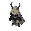 mysterious humanoid-beetle knight with a tattered cloak resembling armor, wielding a beetle horn as a weapon. minimal features, apathetic expression, dark body with light pastel cloak tones.