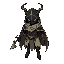 mysterious humanoid-beetle knight with a tattered cloak resembling armor, wielding a beetle horn as a weapon. minimal features, apathetic expression, dark body with light pastel cloak tones.