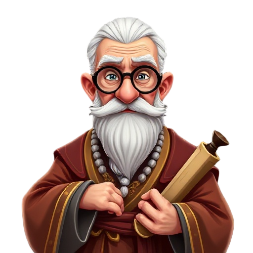 old noble scribe with high forehead, round spectacles, white braided beard, ink-stained fingers. wearing gold-trimmed scholar’s robe and a scroll tucked in his sash. confident and condescending expres