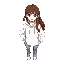 a female k-pop idol named hana. she has long, wavy brown hair and is wearing a simple, modern casual outfit: a white oversized hoodie and blue jeans.