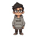 generate a character that is an it in stardew valley style. transparent background. he should be wearing glasses and a hoodie with "wolt" written on it