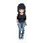 create a girl in a pokemon-like art style with black hair, bangs, black shirt, and blue jeans