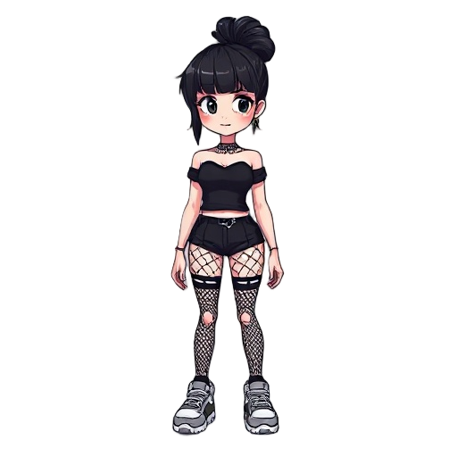 character, black messy bun, pale skin, black off-shoulder top, shorts, fishnets, garters, chunky sneakers 2d pixelated retro