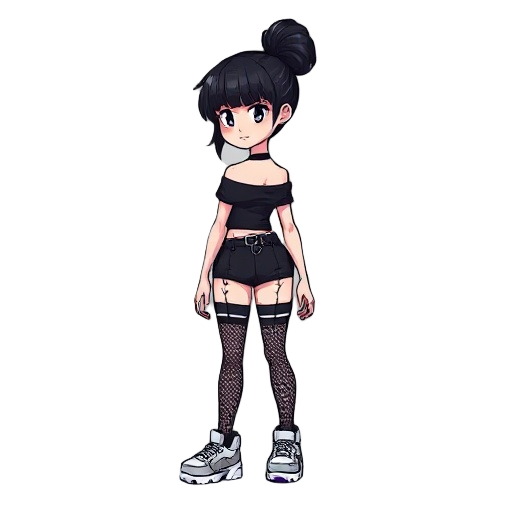 character, black messy bun, pale skin, black off-shoulder top, shorts, fishnets, garters, chunky sneakers 2d pixelated retro facing right