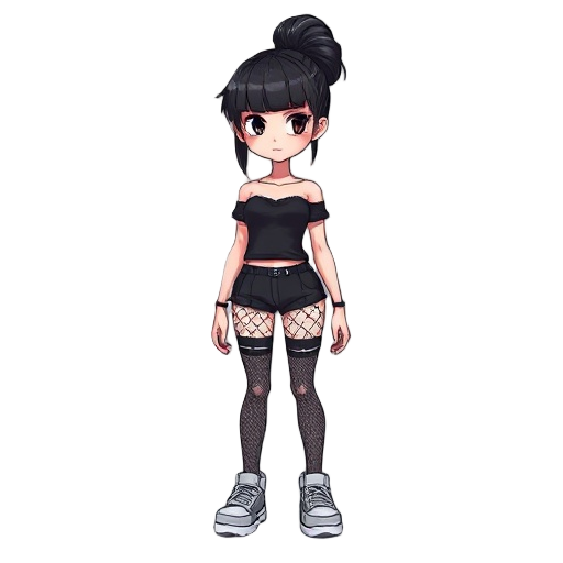 character, black messy bun, pale skin, black off-shoulder top, shorts, fishnets, garters, chunky sneakers.