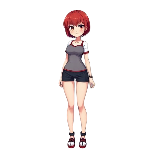 a beautiful anime girl with , short red hair, a slim waist, thick thighs, and a large bust
