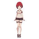 a beautiful anime girl with , short red hair, a slim waist, thick thighs, and a large bust