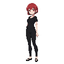 a beautiful anime girl with pale white skin, short red hair, a slim waist, thick thighs, and a large bust. she's wearing simple black wear standing in a neutral pose on a transparent background, with clear body proportions to help add clothing later. full