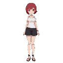 a beautiful anime girl with , short red hair, a slim waist, thick thighs, and a large bust