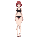 a beautiful anime girl with pale white skin, short red hair, a slim waist, thick thighs, and a large bust. she's wearing simple black wear (bra and panties), standing in a neutral pose on a transparent background, with clear body proportions to help add c