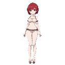 a beautiful anime girl with pale white skin, short red hair, a slim waist, thick thighs, and a large bust