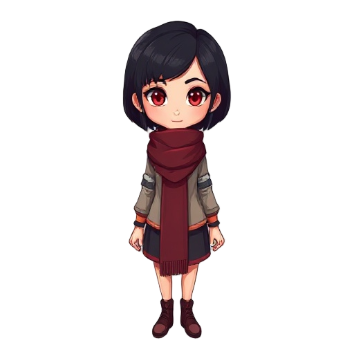 beautiful vietnamese female. she has short textured black hair and red eyes. the lower part of her chin is covered by a dark red scarf, lending her an air of mystery.