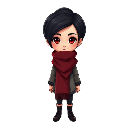 beautiful vietnamese female. she has short textured black hair and red eyes. the lower part of her chin is covered by a dark red scarf, lending her an air of mystery.