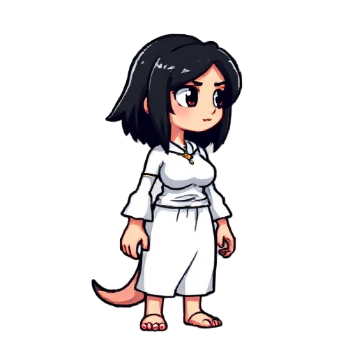 make pixelated monster that looks like woman with black hair and white clothes. she is looking at right side and her mouth is open and make her realistic