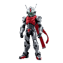 a mechanical kamen rider with a long red scarf